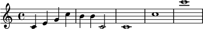 {
\time 4/4
\clef treble
c'4 e' g' c'' b' b' c'2 c'1 c'' c'''
}