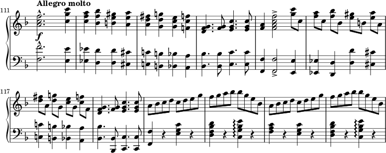 
\new PianoStaff <<
  \new Staff = "up" \with { \remove "Time_signature_engraver" } { \relative c'' {
    \key f \major \clef treble
    \set Score.currentBarNumber = #111 \bar ""
    \set Staff.midiInstrument = "string ensemble 1"
    \accidentalStyle "modern"
    \set Score.tempoHideNote = ##t \tempo "Allegro molto" 2 = 108
    \override Score.SpacingSpanner #'common-shortest-duration = #(ly:make-moment 1 4)
    \time 2/2
    <a c f>2.^\marcato <c g' c>4 | <c f a> <bes f' bes> <b e gis> <a e' a> | <a d fis> <g d' g> <g c e> <f c' f> | <d f g>4. <f g>8 <e g c>4. q8 |
    \set beamExceptions = #'((end . ( ((1 . 8) . (2 2 2 2)) )))
    <f a>4 <f a c f>2-> <g' c>8 c, | <f a> c <f bes> bes, <e gis> b <e a> a, | <d fis> a <d g> g, <c e> g <c f> f, | <d f g>4. <f g>8 <e g c>4. q8 |
    \set beamExceptions = #'()
    a bes c d c d e g | f g a bes bes g e bes | a bes c d c d e g | f g a bes bes g e bes |
  }}
  \new Dynamics { s4\f }
  \new Staff = "down" \with { \remove "Time_signature_engraver" } { \relative c {
    \key f \major \clef bass
    \set Staff.midiInstrument = "cello"
    \accidentalStyle "modern"
    <f f'>2.^\marcato <e e'>4 | <es es'> <d d'> q <cis cis'> | <c c'> <b b'> <bes bes'> <a a'> | <bes bes'>4. q8 <c c'>4. q8 |
    <f, f'>4 q2-> <e e'>4 | <es es'> <d d'> <d' d'> <cis cis'> | <c c'> <b b'> <bes bes'><a a'> | <bes bes'>4. <bes, bes'>8 <c c'>4. q8 |
    <f f'>4 r <e' g c> r | <d f bes d> r <c g' bes e>\arpeggio r | <f a c> r <e g c> r | <d f bes d> r <c g' bes e>\arpeggio r |
  }}
>>
