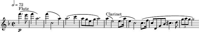 
  \relative c'' { \clef treble \time 2/2 \key f \major \tempo 2 = 72 \partial 2*1 f'4.(^"Flute"\p e8 | f4 a,2.) | f'4( c,2 a'4) | a2.( c4 | a8 g e g a2) | a4(^"Clarinet" e2) e8.( a16 | e4 c2) c8.( f16 | c8 d, g bes cis4. d8 | \times 2/3 {g a g} g2) }
