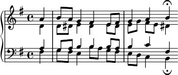 
    {
      \new PianoStaff <<
        \new Staff <<
            \new Voice \relative c'' {
                \stemUp \clef treble \key e \minor \time 4/4
                \partial4 a4 b8 a g4 fis e8 fis g4 a b \fermata
                }
            \new Voice \relative c' {
                \stemDown
                \partial4 d4 d8 dis e4 dis e8 dis e[ g] fis e dis4
                }
            >>
        \new Staff <<
            \new Voice \relative c' {
                \stemUp \clef bass \key e \minor \time 4/4
                \partial4 a g8 a b4 b b8 a b4 c fis,
                }
            \new Voice \relative c {
                \stemDown
                \partial4 fis4 g8 fis e4 b'8[ a] g fis e d c4 b_\fermata
                }
            >>
    >> }
