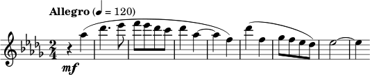 
{
  \new PianoStaff <<
    \new Staff \relative c''' {
      \tempo "Allegro" 4 = 120
      \clef treble \key bes \minor \time 2/4
      r4 \mf as(
      des4. es8
      f[ es des c]
      des4 as~
      as f)
      des'( f,
      ges8[ f es des])
      es2~
      es4
    }
  >>
}
