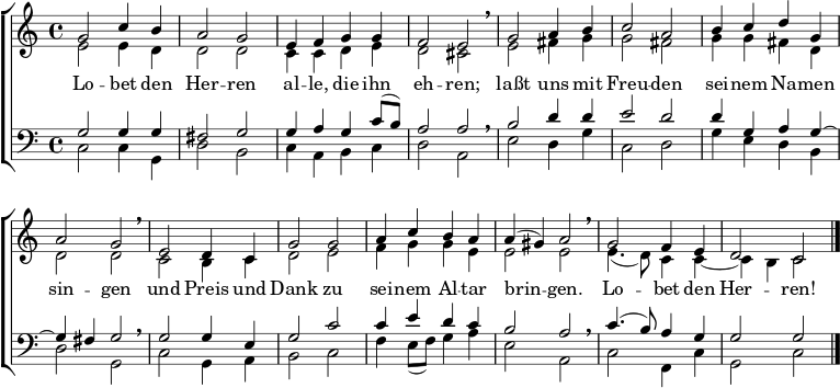 
% From https://www.johann-crueger.de/praktische-ausgaben/lobet-den-herren-alle-die-ihn-ehren_crueger-1657-58_131_eg-447.pdf
\header { tagline = ##f }
\layout { indent = 0
          \context { \Score \remove "Bar_number_engraver" }
          \context { \Voice \remove "Dynamic_engraver" }
}
global = { \key c \major \time 4/4 }
soprano = { \global \set Staff.midiPanPosition = -0.5 \set midiInstrument = "flute"
  g'2 c''4 b'4 | a'2 g'2 | e'4 f'4 g'4 g'4 | f'2 e'2 | \breathe
  g'2 a'4 b'4 | c''2 a'2 | b'4 c''4 d''4 g'4 | a'2 g'2 | \breathe
  e'2 d'4 c'4 | g'2 g'2 | a'4 c''4 b'4 a'4 | a'4 ( gis'4 ) a'2 | \breathe g'2 f'4 e'4 | d'2 c'2 \bar "|."
}
alto = { \global \set Staff.midiPanPosition = 0.5 \set midiInstrument = "oboe"
  e'2 e'4 d'4 | d'2 d'2 | c'4 c'4 d'4 e'4 | d'2 cis'2 \breathe
  e'2 fis'4 g'4 | g'2 fis'2 | g'4 g'4 fis'4 d'4 | d'2 d'2 \breathe
  c'2 b4 c'4 | d'2 e'2 | f'4 g'4 g'4 e'4 | e'2 e'2 \breathe | e'4. (d'8) c'4 c'4~ | c'4 b4 c'2
}
tenor = { \global \set Staff.midiPanPosition = -1 \set midiInstrument = "clarinet"
  g2 g4 g4 | fis2 g2 | g4 a4 g4 c'8 (b8) | a2 a2 | \breathe
  b2 d'4 d'4 | e'2 d'2 | d'4 g4 a4 g4~ | g4 fis4 g2 | \breathe
  g2 g4 e4 | g2 c'2 | c'4 e'4 d'4 c'4 | b2 a2 | \breathe c'4. (b8) a4 g4 | g2 g2
}
bass = { \global \set Staff.midiPanPosition = 1 \set midiInstrument = "bassoon"
  c2\ffff c4 g,4 | d2 b,2 | c4 a,4 b,4 c4 | d2 a,2 | \breathe
  e2 d4 g4 | c2 d2 | g4 e4 d4 b,4 | d2 g,2 | \breathe
  c2 g,4 a,4 | b,2 c2 | f4 e8 (f8) g4 a4 | e2 a,2 | \breathe c2 f,4 c4 | g,2 c2
}
verse = \lyricmode {
  Lo -- bet den Her -- ren al -- le, die ihn eh -- ren;
  laßt uns mit Freu -- den sei -- nem Na -- men sin -- gen
  und Preis und Dank zu sei -- nem Al -- tar brin -- gen.
  Lo -- bet den Her -- ren!
}
\score {
  \new ChoirStaff <<
    \new Staff \with {
      % midiInstrument = "choir aahs"
    } <<
      \new Voice = "soprano" { \voiceOne \soprano }
      \new Voice = "alto" { \voiceTwo \alto }
    >>
    \new Lyrics \with {
      \override VerticalAxisGroup #'staff-affinity = #CENTER
    } \lyricsto "soprano" \verse
    \new Staff \with {
      % midiInstrument = "choir aahs"
    } <<
      \clef bass
      \new Voice = "tenor" { \voiceOne \tenor }
      \new Voice = "bass" { \voiceTwo \bass }
    >>
  >>
  \layout { }
  \midi { \tempo 4=136
    \context { \Score midiChannelMapping = #'instrument }
    \context { \Staff \remove "Staff_performer" }
    \context { \Voice \consists "Staff_performer" }
  }
}
