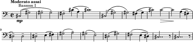  {\new PianoStaff {<<

\new Staff \relative c'{\set Staff.midiInstrument=#"bassoon" \time 2/2 \set Score.tempoHideNote = ##t \tempo "Moderato assai" 4=138 \autoBeamOff \clef bass \key a \minor ^\markup {Bassoon I} |\mp cis,2\(( gis'2)|gis2-- gis2--\)|fis2-- cis'4\(( a4)|cis1\)|cis,2\(( gis'2)|gis2\) fis4\(( gis4)|cis2\) \override Hairpin.to-barline = ##f cis2~\> |cis2 \! a4\(( fis4)|dis2--\) dis2--|dis2-- e4( fis4)|gis2--( a2--)|gis2--( e2--)|dis2( gis2)|fis2--\( e4( dis4)\)|cis2.. r8|cis2.. r8|}>>}}