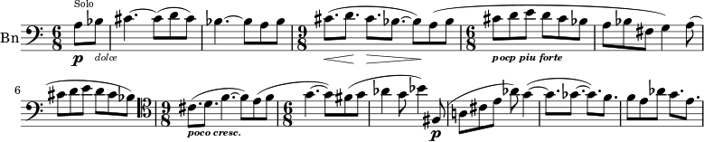 
 { \new PianoStaff 
 <<
\new Staff  \with { instrumentName="Bn"}
  \relative c
{ 
  \set Score.tempoHideNote = ##t  \tempo 2 = 30
  \set Staff.midiInstrument = #"bassoon" 
  \set Staff.midiMinimumVolume = 0.2
  \set Staff.midiMaximumVolume = 0.7
  \key c  \major 
  \clef bass 
  \time 6/8 
  \partial 4 a'8\p^\markup{ \teeny "Solo"} bes_\markup {\italic \teeny "dolce"} |
  cis4.~ cis8[ (d cis]) |
  bes4.~ bes8 a bes |
  \time 9/8 cis8.\<( d\! cis\> bes8.~ bes8\!) a( bes |
  \time 6/8 cis8_\markup {\italic \bold \teeny "pocp piu forte"} d e d cis bes |
  a bes fis g4) a8( |
  cis d e d cis bes) |
  \clef tenor \time 9/8 cis8.(_\markup {\italic \bold \teeny "poco cresc."} d f4.~ f8) e( f |
  \time 6/8 g4.~ g8) fis( g |
  aes4 g8 bes4) fis,8\p( |
  a!8 cis e aes) g4~( |
  g8.[ ges8.]~ ges)[ f] |
  f8 e aes g8. e |
  }
  >>  
 }
