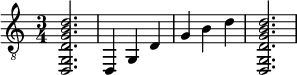  {
\clef "treble_8"
\time 3/4 \set Staff.midiInstrument = #"acoustic guitar (steel)"
<d, g, d g b d'>2.
<d, >4
<g, >4
<d >4
<g >4
<b >4
<d' >4
<d, g, d g b d'>2.
}
