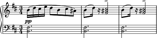 
\relative c'' {
  \new PianoStaff <<
    \new Staff { \clef treble \key b \minor \time 3/4 \dynamicUp
                 b16( d cis e d8 b cis ais) | b8( d16) r16 <fis, ais cis>2^> | b8( d16) r16  <fis, ais cis>2^> | 
    }
    \new Staff { \clef bass   \key b \minor \time 3/4 \dynamicUp
                 <b,, fis'>2.\pp | <b fis'> | <b fis'> | 
    }
  >>
}
