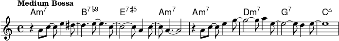 
\version "2.22.0"

\header {
  tagline = ""
}

global = {
  \time 4/4
  \key a \minor
  \set Score.tempoHideNote = ##t
  \tempo "Medium Bossa" 4=148
}

chordNames = \transpose c c, \chordmode {
  \global
  a1:m7 |
  b1:7.9- |
  e1:7.5+ |
  a1:m7	 |
  a1:m7 |
  d1:m7 |
  g1:7
  c1:maj7 |
}

melody = \relative c'' {
  \global
  r4 a8 c~ c e4 dis8~ |
  dis4. e8~ e4. c8~ |
  c2~ c8 a4 c8~ |
  c8 a4.~ a2 |
  r4 a8 c~ c e4 g8~ |
  g2~ g8 a4 e8~ |
  e2~ e8 d4 e8~ |
  e1 |
}

\score {
  <<
    \new ChordNames \chordNames
    \new Staff { \melody }
  >>
  \layout { }
  \midi { }
}
