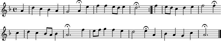 
\new Staff <<
\clef treble
\new Voice = "Soprano"
  { \key d \minor \tempo 4=90 \set Staff.midiInstrument = "oboe" {
      \set Score.tempoHideNote = ##t
      \override Score.BarNumber #'transparent = ##t
      \time 4/4
      \relative c''
      \repeat volta 2 { \partial 4 a4 | d4 c bes a | g2 a4\fermata e' | f f e8 d e4 | d2.\fermata }
      \relative c'' {
      f4 | e8 d c4 d e | f2 f4\fermata \break c | d c bes8 a bes4 | a2.\fermata f'4 | e8 f g4 f e | d2 e4\fermata a, | bes a g c | a2.\fermata \bar "|."
      }
    }
  }
>>
