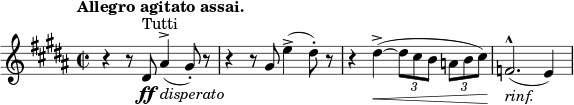 \relative c' { \set Staff.midiInstrument = #"string ensemble 2" \set Score.tempoHideNote = ##t \tempo "Allegro agitato assai." 2 = 100 \time 2/2 \key b \major r4 r8 dis8\ff^\markup { Tutti } ais'4^>_\markup { \italic disperato }( gis8-.) r8 | r4 r8 gis8 e'4->( dis8-.) r8 | r4 dis4^>~(\< \times 2/3 { dis8[ cis b] } \times 2/3 { a[ b cis)]\! } | f,2.^^_\markup { \italic rinf. }( e4) }