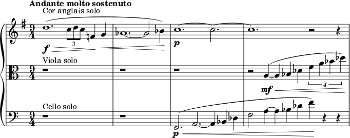  {\new PianoStaff {<<

\new Staff \relative c'{\set Staff.midiInstrument=#"english horn" \time 9/4 \set Score.tempoHideNote = ##t \tempo "Andante molto sostenuto" 4=80 \autoBeamOff \clef treble \key e \minor ^\markup {Cor anglais solo} | d'1. \f \> ( \tuplet 3/2 {c8[ d8 c8]} f,!4  \! g4 \<|aes1.~aes2|bes4) \!|\p c1.~c2.~|c1. r2 r4|} 

\new Staff \relative c'{\set Staff.midiInstrument=#"viola" \time 9/4 \set Score.tempoHideNote = ##t \tempo "Andante molto sostenuto" 4=80 \autoBeamOff \clef alto \key a \minor ^\markup {Viola solo} |r1*9/4|r1*9/4|r1*9/4|r2 a4 \mf \< (~a4 bes4 des4 \tuplet 4/3 {f4 a4 bes4 des4}) \!|} 

\new Staff \relative c' {\set Staff.midiInstrument=#"cello" \time 9/4 \set Score.tempoHideNote = ##t \tempo "Andante molto sostenuto" 4=80 \autoBeamOff \clef bass \key a \minor ^\markup {Cello solo} |r1*9/4|r1*9/4| f,,2. \p \< ( a2.~a4 bes4 des|f2 a4~a4 bes4 des4 f4) \! r4 r4|}>>}}