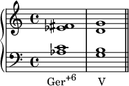 {
\new PianoStaff <<
\new Staff <<
\relative c' {
\clef treble \key c \major \time 4/4
<es fis>1 <d g>
}
>>
\new Staff <<
\relative c' {
\clef bass \key c \major \time 4/4
<aes c>1_\markup { \concat { \translate #'(-2 . 0) { "Ger" \raise #1 \small "+6" \hspace #4.5 "V" } } }
<g b> \bar "||"
}
>>
>> }