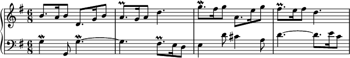 
\new PianoStaff <<
 \new Staff \relative c'' {
  \key g \major \time 6/8
  b8. a16 b8 d,8. g16 b8 |
  a8.\prall g16 a8 d4. |
  g8.\mordent fis16 g8 a,8. e'16 g8 |
  fis8.\prall e16 fis8 d4. |
 }
 \new Staff \relative c' {
  \key g \major \clef bass
  g4\mordent g,8 g'4.~\mordent |
  g4. fis8.\prall e16 d8 |
  e4 d'8 cis4 a8 |
  d4.~ d8. e16 c8 |
 }
>>
