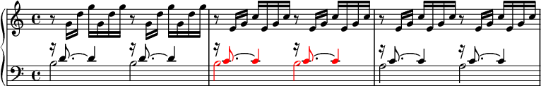 
  \new PianoStaff <<
    \new Staff \relative c' {
      \set Score.tempoHideNote = ##t \tempo 4 = 90
      <<
        \new Voice {
          r8 g'16 d'  g g, d' g  r8 g,16 d'  g g, d' g |
          r8 e,16 g  c e, g c  r8 e,16 g  c e, g c |
          r8 e,16 g  c e, g c  r8 e,16 g  c e, g c |
        }
      >>
    }
    \new Staff \relative c' {
      \clef bass
      <<
        \new Voice {
          \voiceThree
          r16 d8.~ d4 r16 d8.~ d4 |
          \override NoteHead.color = #red
          \override Stem.color = #red
          r16 c8.~ c4 r16 c8.~ c4 |
          \override NoteHead.color = #black
          \override Stem.color = #black
          r16 c8.~ c4 r16 c8.~ c4 |
        }
        \new Voice {
          \voiceFour
          b2 b |
          \override NoteHead.color = #red
          \override Stem.color = #red
          b b |
          \override NoteHead.color = #black
          \override Stem.color = #black
          a a |
        }
      >>
    }
  >>
