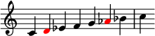  {
\override Score.TimeSignature #'stencil = ##f
\relative c' { 
  \clef treble \time 7/4
  c4 \once \override NoteHead.color = #red d es f g \once \override NoteHead.color = #red aes bes c
} }
