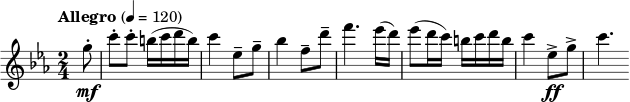 {
\new PianoStaff <<
\new Staff \relative c''' {
\tempo "Allegro" 4 = 120
\clef treble \key c \minor \time 2/4
\partial 8 g8-. \mf
c8-. c-. b16( c d b)
c4 es,8-- g--
bes4 f8-- d'-- f4. es16( d)
es8( d16 c) b c d b
c4 es,8-> \ff g->
c4.
}
>>
}