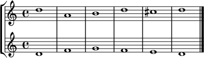 \relative c'' {
  <<
  \new StaffGroup <<
    \new Staff { \set Score.tempoHideNote = ##t \tempo 4 = 160 \clef "treble" d1 a b d cis d \bar "|." }
    \new Staff { \clef "treble" d,1 f g f e d }
    >>
  >>
}