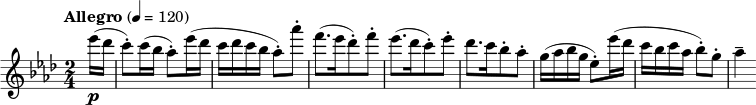 
{
  \new PianoStaff <<
    \new Staff \relative c' {
      \tempo "Allegro" 4 = 120
      \clef treble \key f \minor \time 2/4
      \partial 8 es''16[( \p des]
      c8-.) c16( bes as8-.) es'16( des
      c des c bes as8-.) as'-.
      f8.([ es16 des8-.) f-.]
      es8.([ des16 c8-.) es-.]
      des8.[ c16 bes8-. as-.]
      g16( as bes g es8-.) es'16( des
      c bes c as bes8-.) g-.
      as4--
    }
  >>
}
