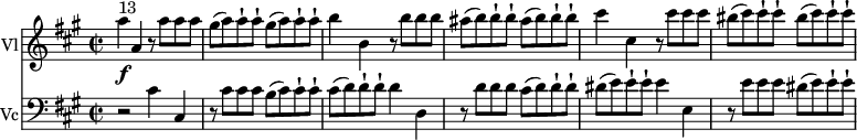 
\layout { \set Score.tempoHideNote = ##t }
<< 
  \new Staff \with { instrumentName = #"Vl" midiInstrument = "string ensemble 1" }
  \relative c'' {
    \key a \major
    \tempo 4 = 180
    \time 2/2
     a'4\f ^\markup{ 13} a, r8 a' a a |
  \repeat unfold 2 { gis8( a) a-! a-! }
  b4 b, r8 b' b b
  ais (b) b-! b-! ais (b) b-! b-!
  cis4 cis, r8 cis'8 cis cis
  bis (cis) cis-! cis-! bis (cis) cis-! cis-!
  }
  \new Staff \with { instrumentName = #"Vc" midiInstrument = "cello"}
  \relative c'' {
    \clef bass
    \key a \major
    \time 2/2
   r2 cis,4 cis,
   r8 cis' cis cis b (cis) cis-! cis-!
   cis (d) d-! d-! d4 d,
   r8 d' d d cis (d) d-! d-!
   dis (e) e-! e-! e4 e,
   r8 e' e e dis (e) e-! e-!
  }
>>
