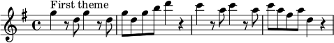 
\layout { \set Score.tempoHideNote = ##t line-width = 12\cm }
\relative c''' { 
  \set Staff.midiInstrument = #"string ensemble 1"
  \tempo 4 = 148
  \key g \major
  \time 4/4
  g4^"First theme" r8 d8 g4 r8 d8 | g8 d g b d4 r4 | c4 r8 a8 c4 r8 a8 | c8 a fis a d,4 r4 |
}

