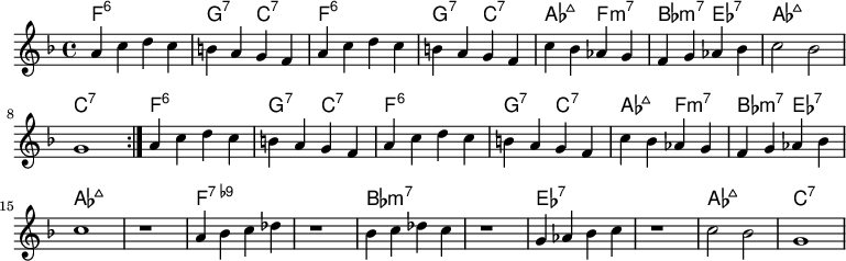 <<
  \new ChordNames {
    \chordmode {
      \repeat volta 2 {
        f1:6 |
        g2:7 c2:7 |
        f1:6 |
        g2:7 c2:7 |

        aes2:maj7 f2:m7 |
        bes2:m7 ees2:7 |
        aes1:maj7 |
        c1:7 |
      }

      f1:6 |
      g2:7 c2:7 |
      f1:6 |
      g2:7 c2:7 |

      aes2:maj7 f2:m7 |
      bes2:m7 ees2:7 |
      aes1:maj7 |
      s1 |

      f1:7.9- |
      s1 |
      bes1:m7 |
      s1 |

      ees1:7 |
      s1 |
      aes1:maj7 |
      c1:7 |
    }
  }

  \new Staff {
    \key f \major
    \time 4/4

    \repeat volta 2 {
      a'4 c'' d'' c'' |
      b'4 a' g' f' |
      a'4 c'' d'' c'' |
      b'4 a' g' f' |

      c''4 bes' aes' g' |
      f'4 g' aes' bes' |
      c''2 bes' |
      g'1 |
    }

    a'4 c'' d'' c'' |
    b'4 a' g' f' |
    a'4 c'' d'' c'' |
    b'4 a' g' f' |

    c''4 bes' aes' g' |
    f'4 g' aes' bes' |
    c''1 |
    r1 |

    a'4 bes' c'' des'' |
    r1 |
    bes'4 c'' des'' c'' |
    r1 |

    g'4 aes' bes' c'' |
    r1 |
    c''2 bes' |
    g'1 |
  }
>>