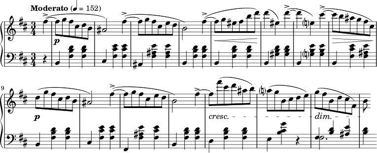 

\language english
\layout { \context { \PianoStaff \accidentalStyle piano-cautionary } }
\new PianoStaff
<<
  \new Staff \fixed c' {
    \key b \minor
    fs'4~->(
    fs'8 g' fs' cs' d' b | as2) fs'4~->( |
    8 g' fs' cs' e' d' | b2) fs'4~->( |
    8 g' es' fs' b' d'') | 4( es') d''~->( |
    4 e') cs''~->( | 8 b' as' g' fs' cs') |
    d'( g' fs' cs' d' b | as2) fs'4~->( |
    8 g' fs' cs' e' d' | b2) 
    fs'4~-> | 8 fs''( cs'' d'' as' b') |
    a'( g' b cs' d' e') | g'( fs' b d' cs' fs) | b
  }
  \new Dynamics {
    \time 3/4
    \tempo "Moderato" 4 = 152
    \partial 4
    s4 |
    s2.*4\p | s2.\< | s2.*2\! | s2.\> |
    s2.*4\p | s2.*2\cresc | s2.\dim | <>\!
  }
  \new Staff {
    \clef bass
    \key b \minor
    r4 |
    b,4 <fs b d'> q | cs <fs cs' e'> q |
    as, <fs as e'> <fs as e'> | b, <fs b d'> q |
    b, q q | b, <gs b d'> q |
    b, <g b e'> q | b, <fs cs' e'> <fs as e'> |
    b, <fs b d'> q | cs <fs cs' e'> q |
    fs, <fs as e'> <fs cs' e'> | b, <fs b d'> q |
    d <fs b d'> q | e <b cs' g'> r |
    << { fs <b d'> <as e'> } \\ fs2. >> | <b d'>4
  }
>>
