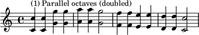  {
\relative c' {
   \clef treble 
   \time 4/4
   \key c \major
   <c c'>4^\markup { "(1) Parallel octaves (doubled)" } <c c'> <g' g'> <g g'> <a a'> <a a'> <g g'>2 
   <f f'>4 <f f'> <e e'> <e e'> <d d'> <d d'> <c c'>2
} }
