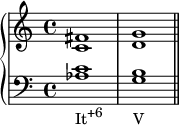 {
\new PianoStaff <<
\new Staff <<
\relative c' {
\clef treble \key c \major \time 4/4
<c fis>1 <d g>
}
>>
\new Staff <<
\relative c' {
\clef bass \key c \major \time 4/4
<aes c>1_\markup { \concat { "It" \raise #1 \small "+6" \hspace #4.3 "V" } }
<g b> \bar "||"
}
>>
>> }