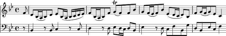 
<< <<
\new Staff { \clef treble \time 4/4 \partial 8 \key bes \major 
    \set Staff.midiInstrument = "oboe" \set Score.tempoHideNote = ##t 
    \relative c' { 
    f8 | d[ bes16( a bes8) d] es bes16( a bes c d es) | 
    f8[ bes,16( a bes8) f'] g\trill( f) f bes | 
    g[ f16( es f8) bes] es,( d16 c d8) bes | 
    f'8[ g16( f g8) es] c4 }
}
\new Staff { \clef bass \time 4/4 \key bes \major
    \set Staff.midiInstrument = "cello"
    \relative c {
    r8 | bes4 r8 bes c4 r8 c |
    d4 r8 d es d16 c d8 bes |
    es4 r8 d c f bes, g' |
    d bes es c f4 }
}
>> >>
\layout { indent = #0 }
\midi { \tempo 4 = 66 }

