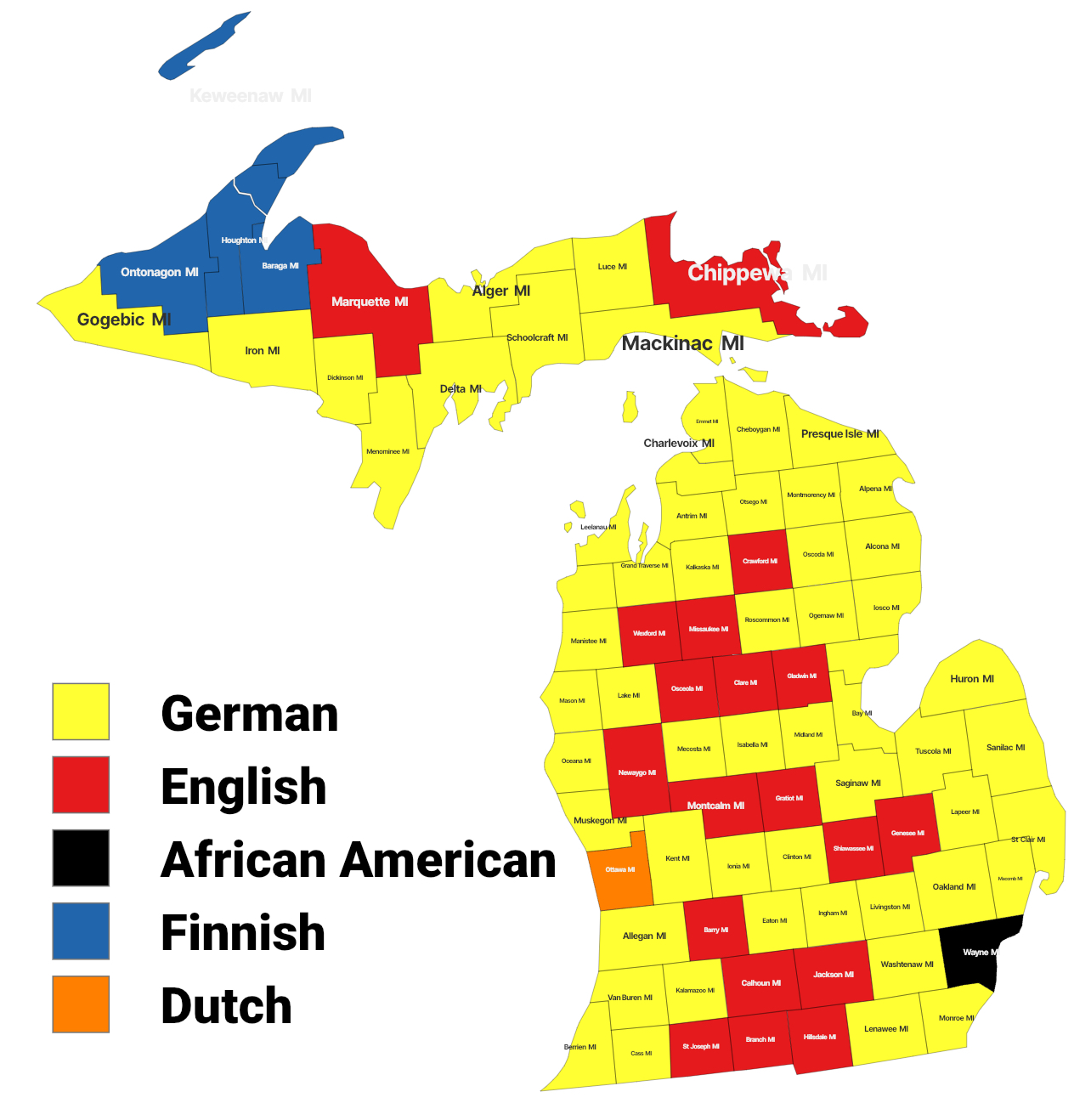 Largest alone or in any combination ethnic origin by county in Michigan, per the 2020 census