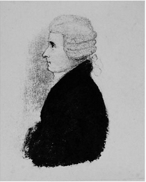 A black-and-white portrait of the head and shoulders of a man in a lawyer's wig, facing left