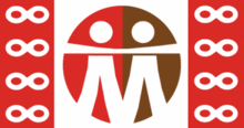 A flag with two vertical red bars touching its horizontal ends. The red bars each have four white infinity symbols stacked vertically. The flag's background is white, which can be seen in the center. In the center there is a large logo -- a circle colored red on its left half and brown on its right half, and having two stylized people in white -- a circle head, curved trapezoid arms that extend toward the edge of the circle, and curved legs that together make an M-shape.