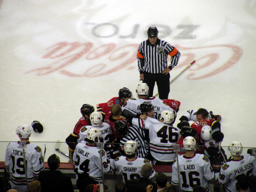 File:Blackhawks-Flames scrum.JPG