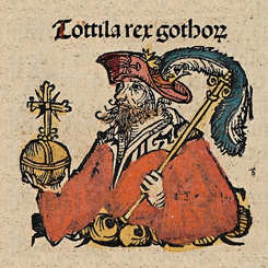 Drawing of Totila from Nuremberg Chronicle (1493)