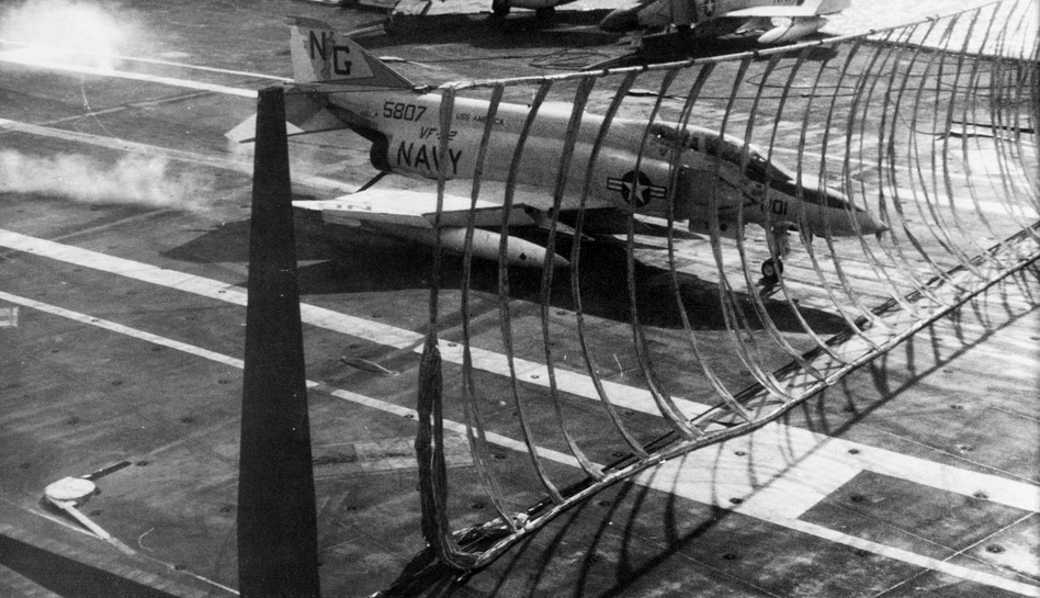 File:F-4J VF-92 hitting barrier on USS America (CVA-66) 1970.jpg