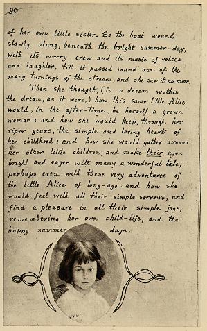 Manuscript text of Alice's adventures Underground (1864) by Lewis Carroll. Alice Liddell's photograph is on this last page as a gift.