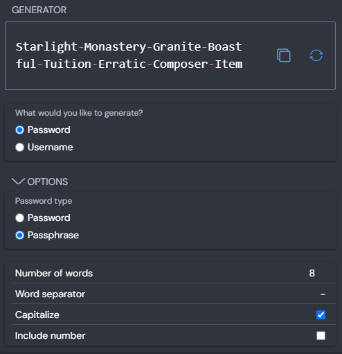 File:Bitwarden Desktop 2024.12.1 passphrase generator screenshot.webp
