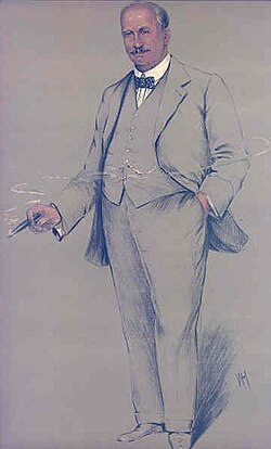 Colour caricature of Arthur Frederick Bettinson in evening dress, published in Vanity Fair magazine in 1911
