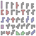 The 35 free hexominoes, colored according to their symmetry