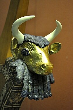 Sumerian volutes at the end of the strands of a bull mascaron of the queen's lyre, one of the Lyres of Ur, 2600 BC, wood, lapis lazuli, limestone (red), bitumen, gold, shell, British Museum
