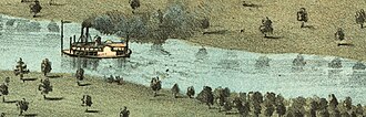 A painting of a steamboat on a river in Iowa City in 1868