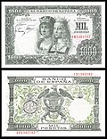 Image 22Spanish pesetaBanknote: Bank of SpainThe Spanish peseta is a former currency of Spain and, alongside the French franc, a former de facto currency in Andorra. It was introduced in 1868, replacing the peso, at a time when Spain was considering joining the Latin Monetary Union. Spain joined the euro in 1999, and the peseta was replaced by euro notes and coins in 2002.This picture shows a 1000 peseta banknote from 1957. The obverse depicts the Catholic Monarchs while the reverse shows the coat of arms of Spain.More selected pictures