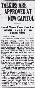 Clipping positively reviewing the exhibition of the first talkies in Edmonton. The first theatre to play a talkie in Edmonton was the Capitol.