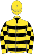 Yellow and black hoops, check sleeves, yellow cap