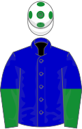 Blue, blue and green halved sleeves, white cap, green spots
