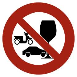 A red circle with a left slash over a wine glass, a car, and a scooter.