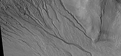 Close-up of gully network showing branched channels and curves; these characteristics suggest creation by a fluid.  Note: this is an enlargement of a previous wide view of gullies in a crater, as seen by HiRISE under HiWish program.  Location is Eridania quadrangle.