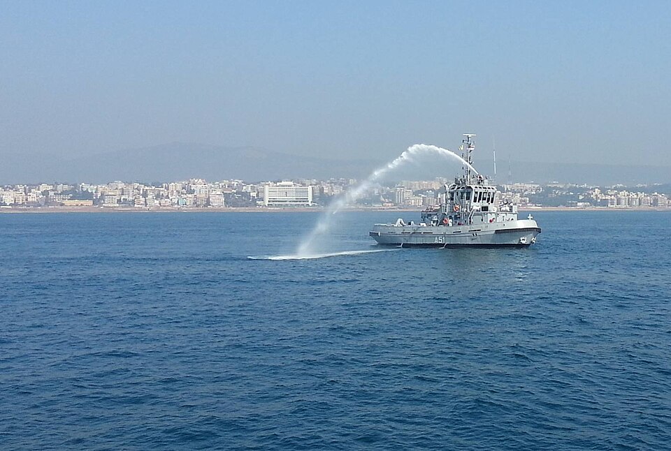 File:INS Gaj (A51) spouting water cannon.jpg