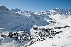 Tignes Le Lac taken from the Aiguille Pierce mountain, with views of Val Claret in the background