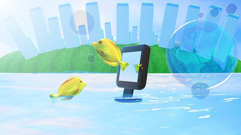 An aquarium themed banner with a light-blue background, complete with a city buildings in the background, fish swimming in and out of the computer monitors.
