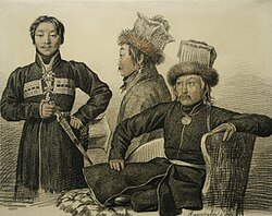 Serebzhab Tyumen (seated) carried the banner of Daichin Tengri into the Battle of Fère-Champenoise (1814).